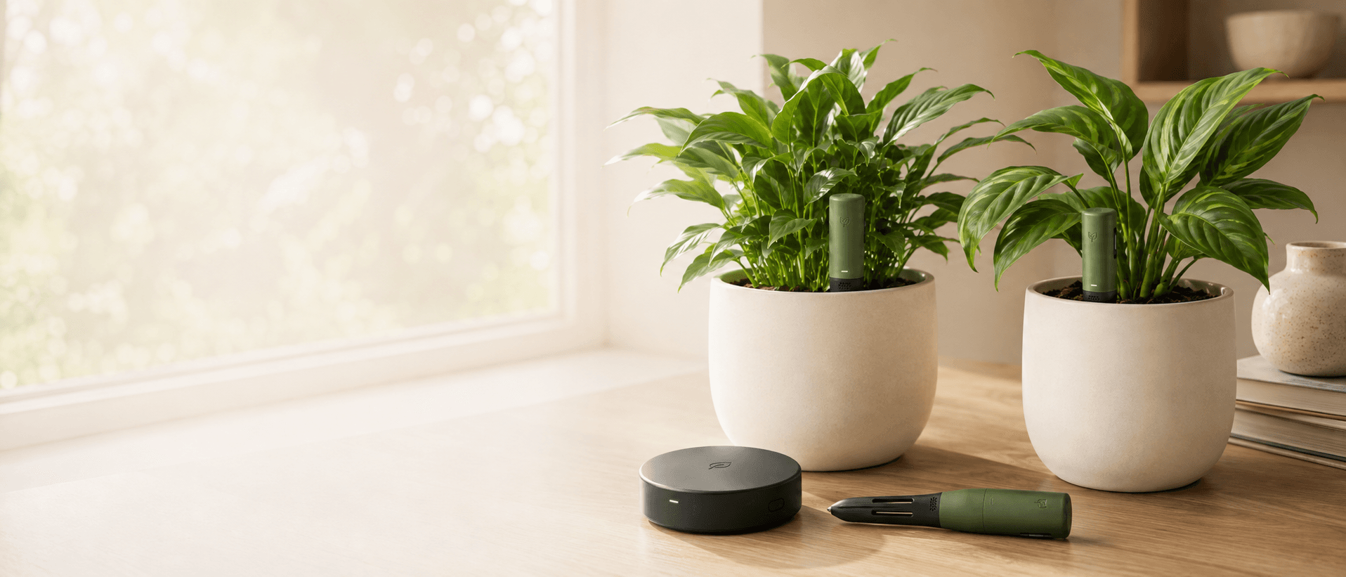 PlantWatch sensors and hub with houseplants on a sunlit wooden table